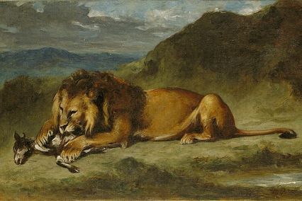 Leeuw verorbert geit (ca. 1850)